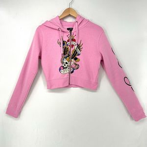 Pink Ed Hardy Cropped Hoodie Full-Zip Skull Y2K New York Snake Womens Size L